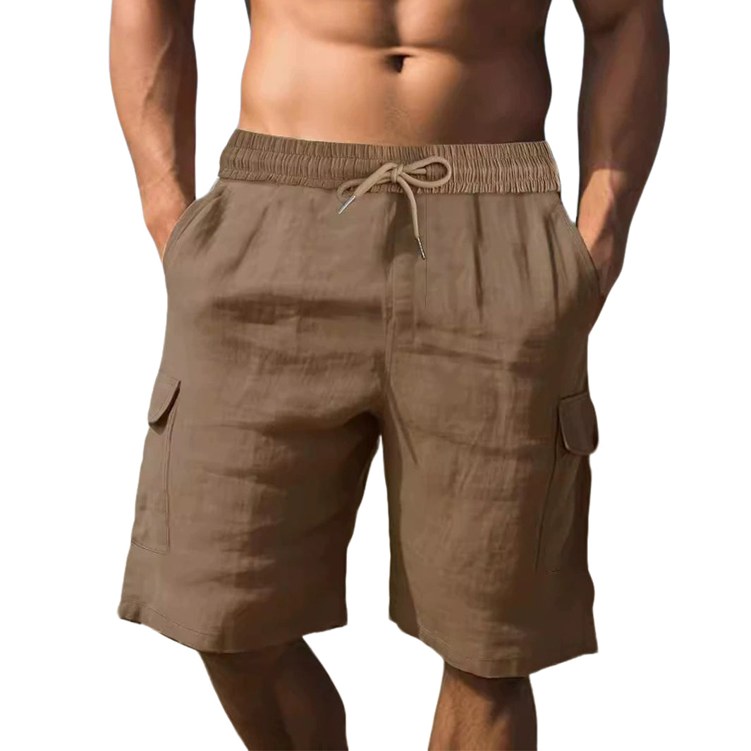 Men's fashionable casual brown cotton and linen shorts