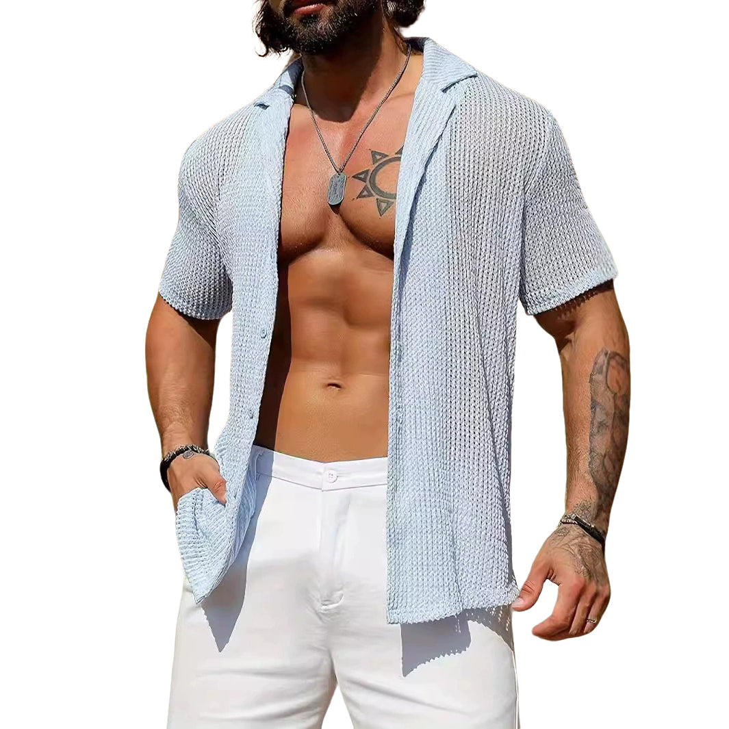 Men's fashionable and casual sky blue short-sleeved shirt