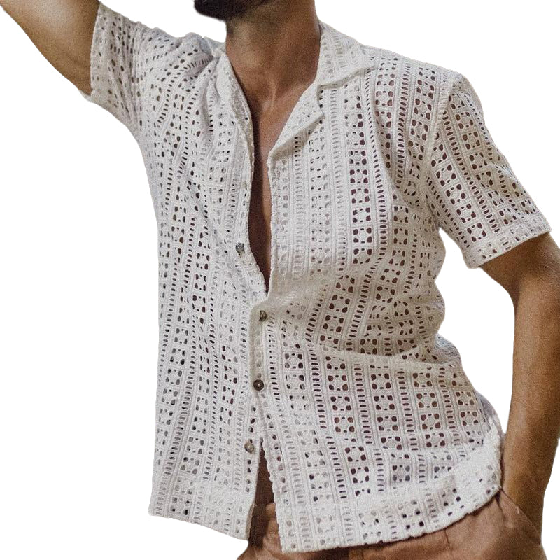 Men's fashionable casual solid-color cutouted short-sleeved shirt
