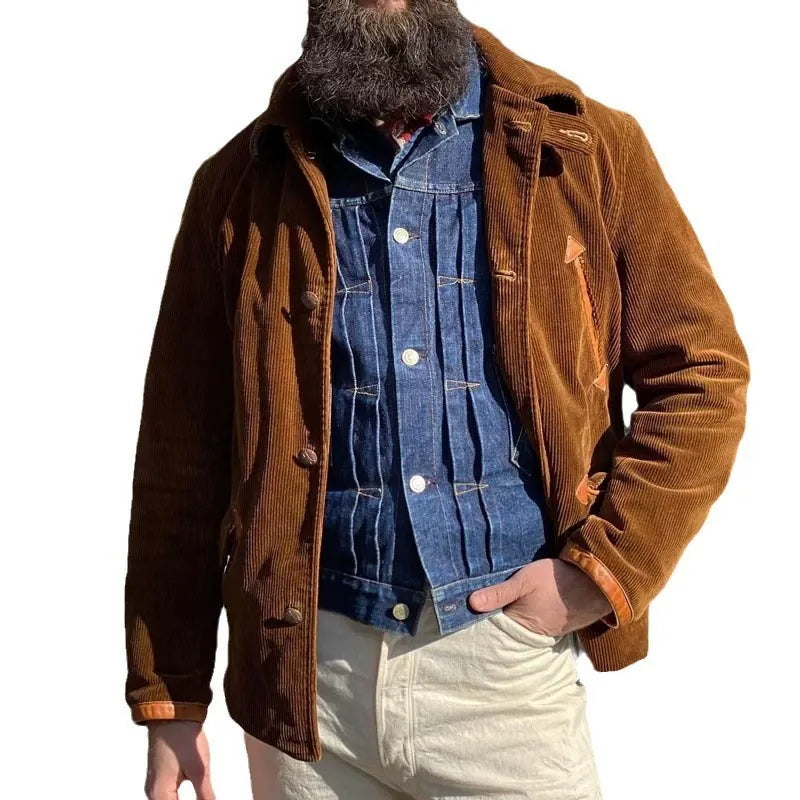 Veste décontractée en velours côtelé marron à la mode pour homme