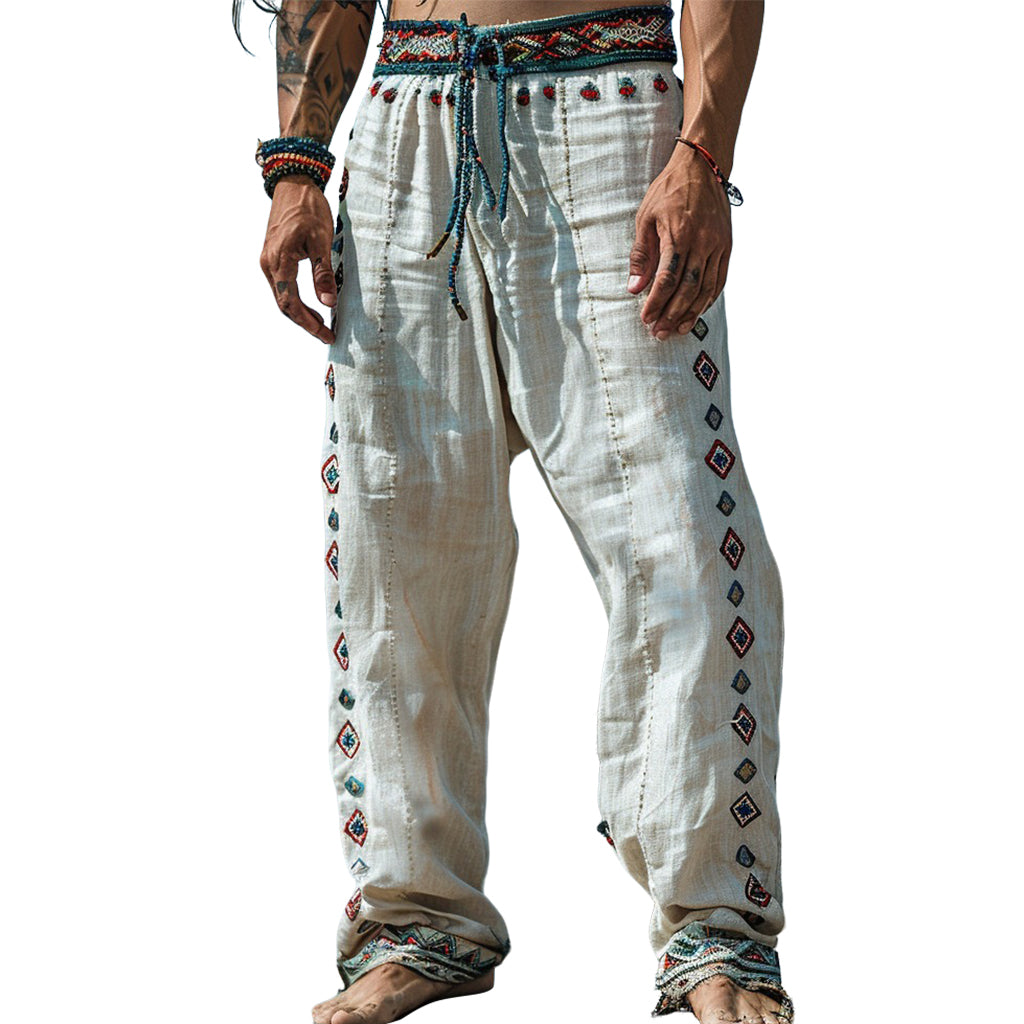 Men's fashionable and casual Bohemian-style cotton and linen trousers
