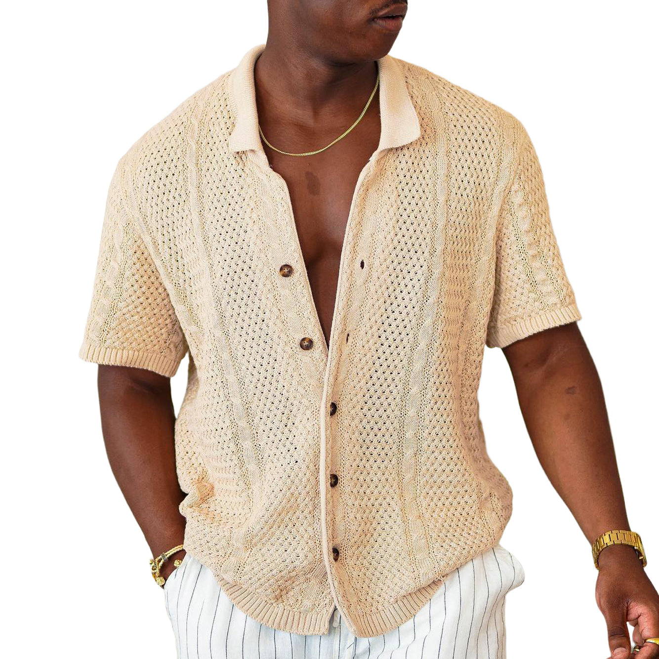 Men's fashionable and casual beige short-sleeved shirt
