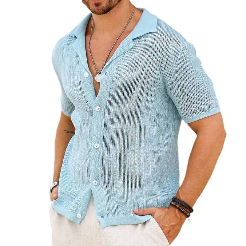 Men's fashionable and casual sky blue short-sleeved shirt