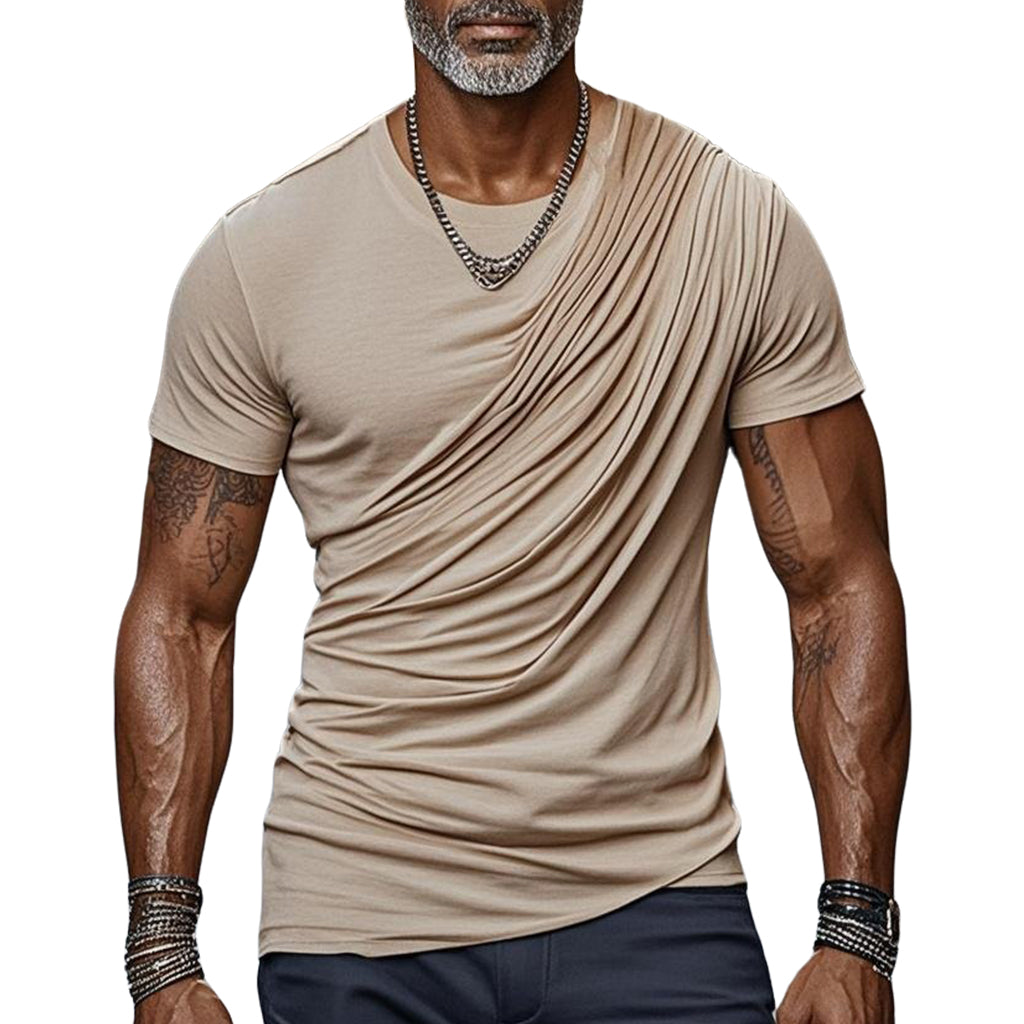 Men's fashionable casual khaki pleated short-sleeved T-shirt