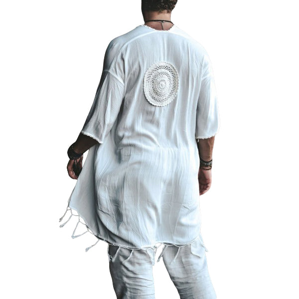 Men's fashionable casual Bohemian-style white fringed robe