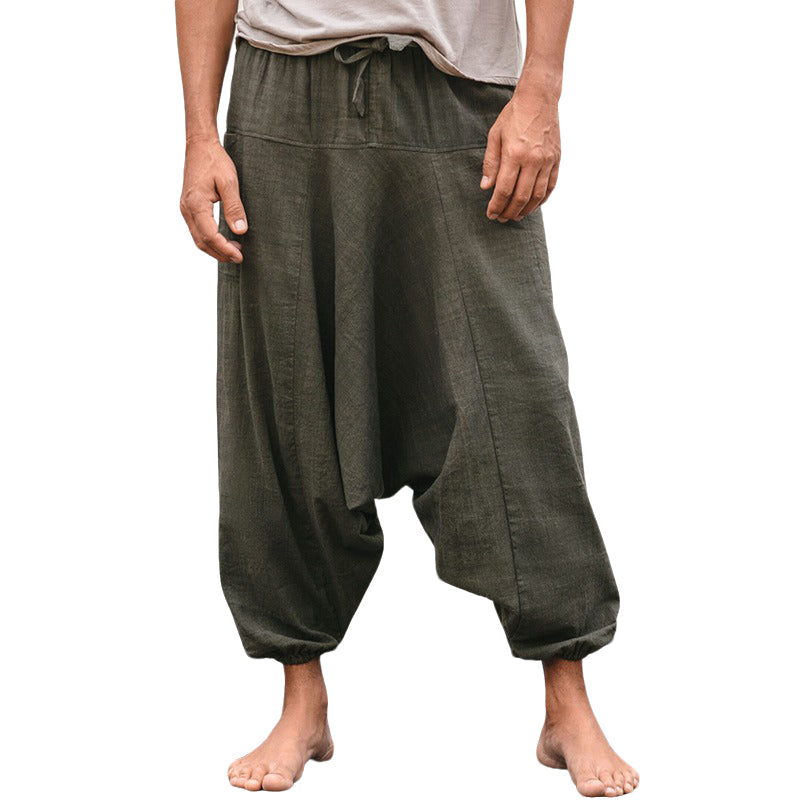 Men's fashionable and casual solid-colored cotton and linen trousers