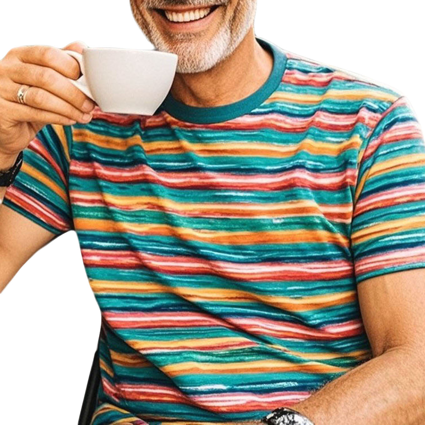 Men's fashionable casual rainbow-colored striped round-neck T-shirt