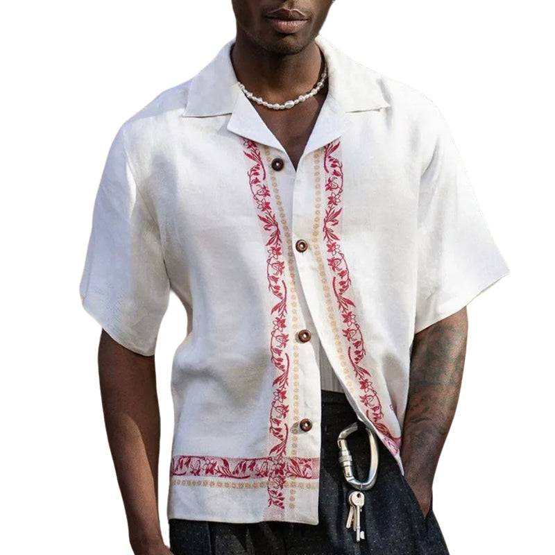 Men's fashionable and casual white embroidered short-sleeved shirt