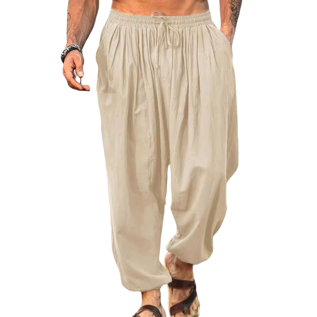 Men's fashionable and casual solid-colored cotton and linen trousers