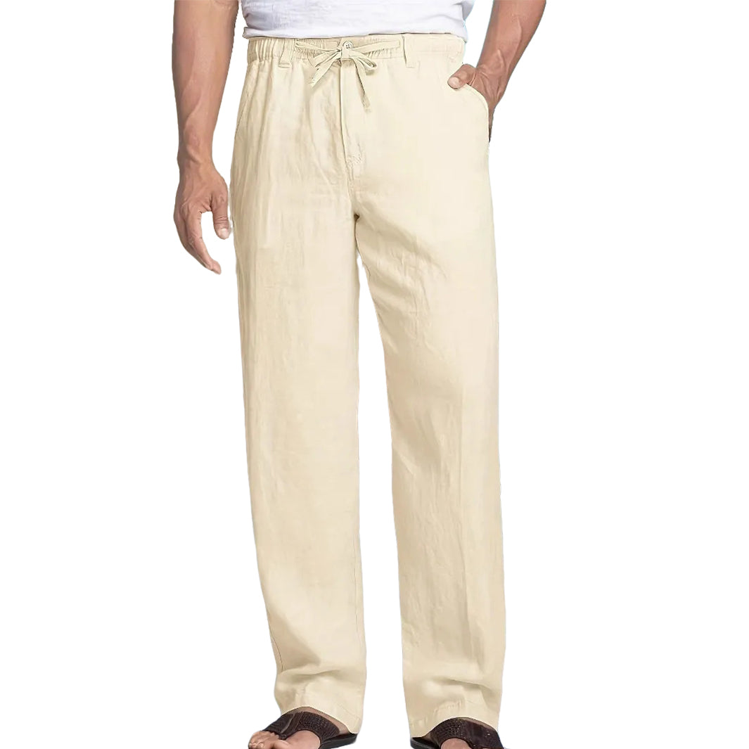 Men's fashionable and casual solid-colored cotton and linen trousers