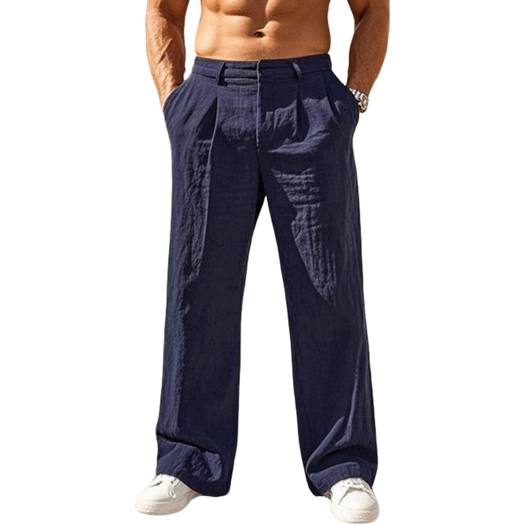 Men's fashionable and casual navy blue linen trousers