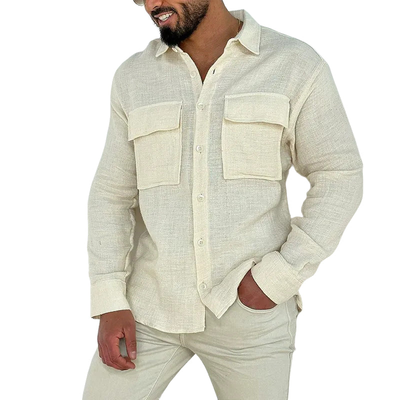 Men's fashionable and casual pocket long-sleeved shirt