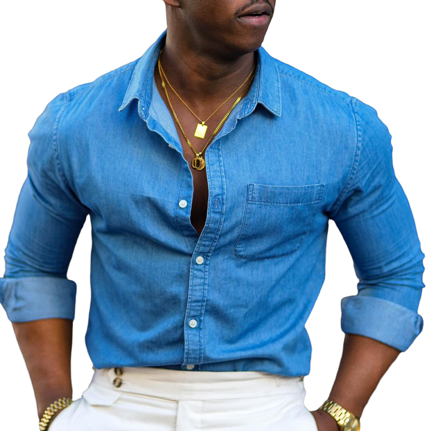 Men's fashionable casual blue denim shirt