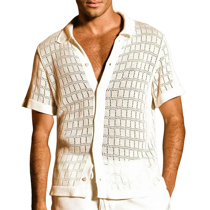 Men's fashionable casual solid-color cutouted short-sleeved shirt