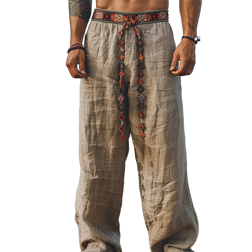 Men's fashionable and casual Bohemian-style cotton and linen trousers