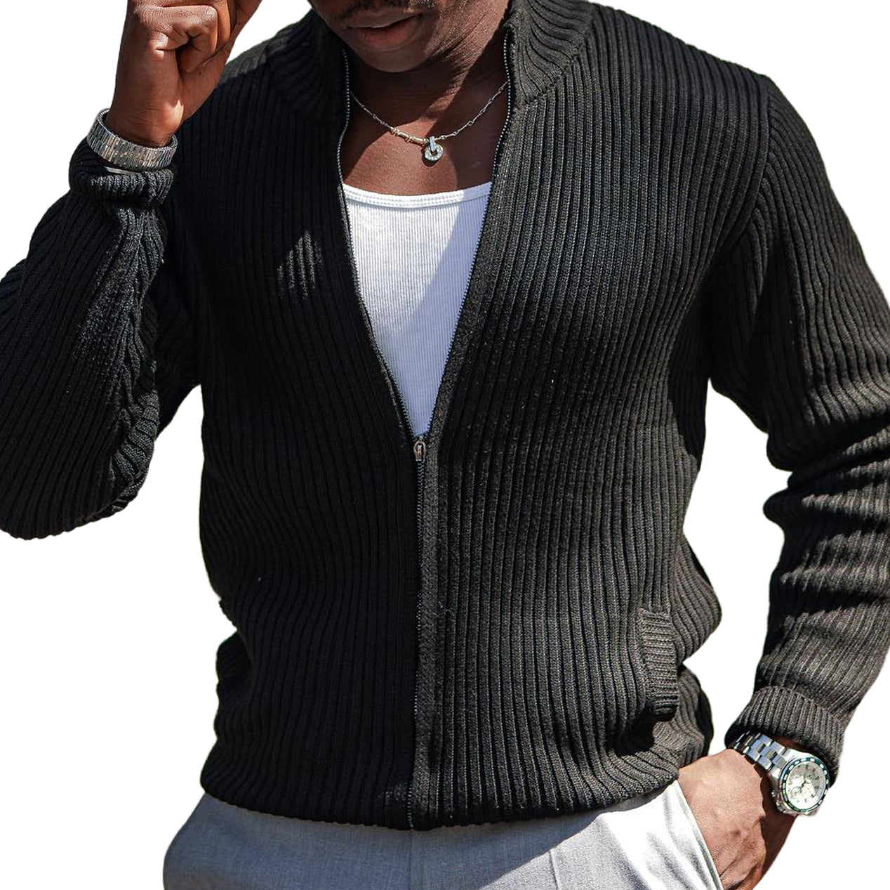 Men's fashionable casual black zipper cardigan