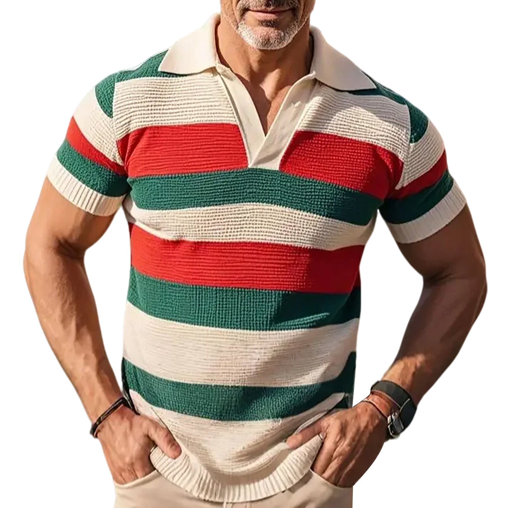 Men's fashionable casual striped color-blocking short-sleeved polo top