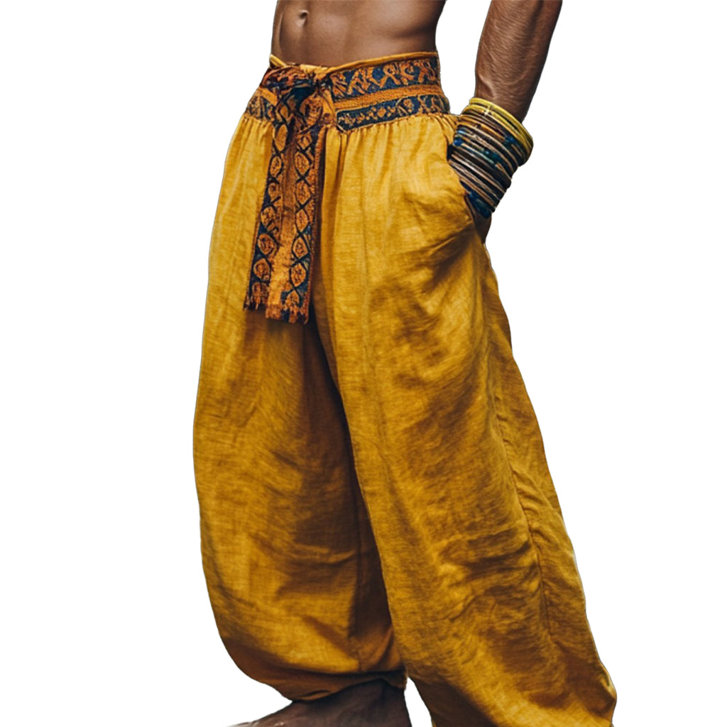 Men's fashionable and casual Bohemian-style cotton and linen trousers