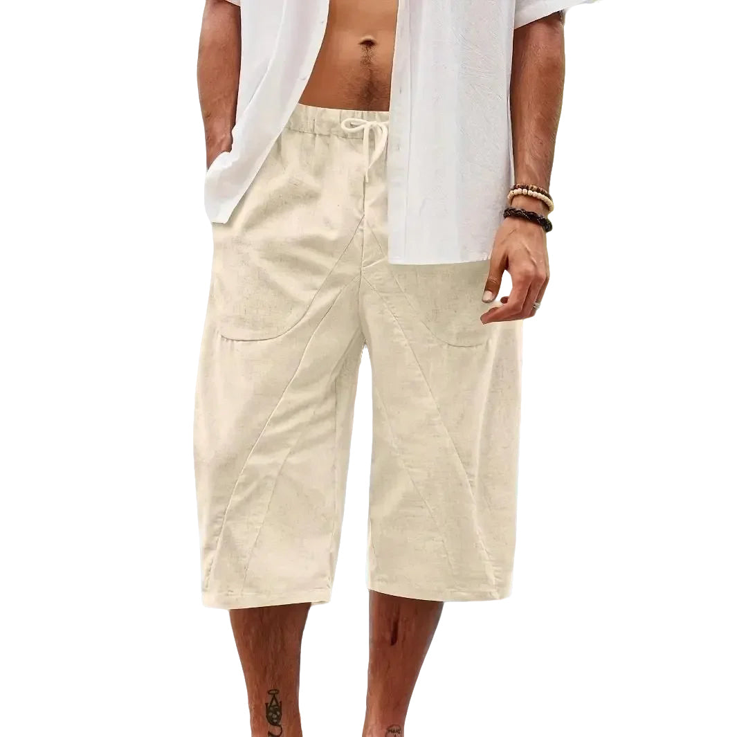 Men's fashionable casual beige cotton and linen mid-length shorts