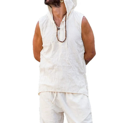 A two-piece set of men's fashionable and casual beige cotton and linen vest and shorts