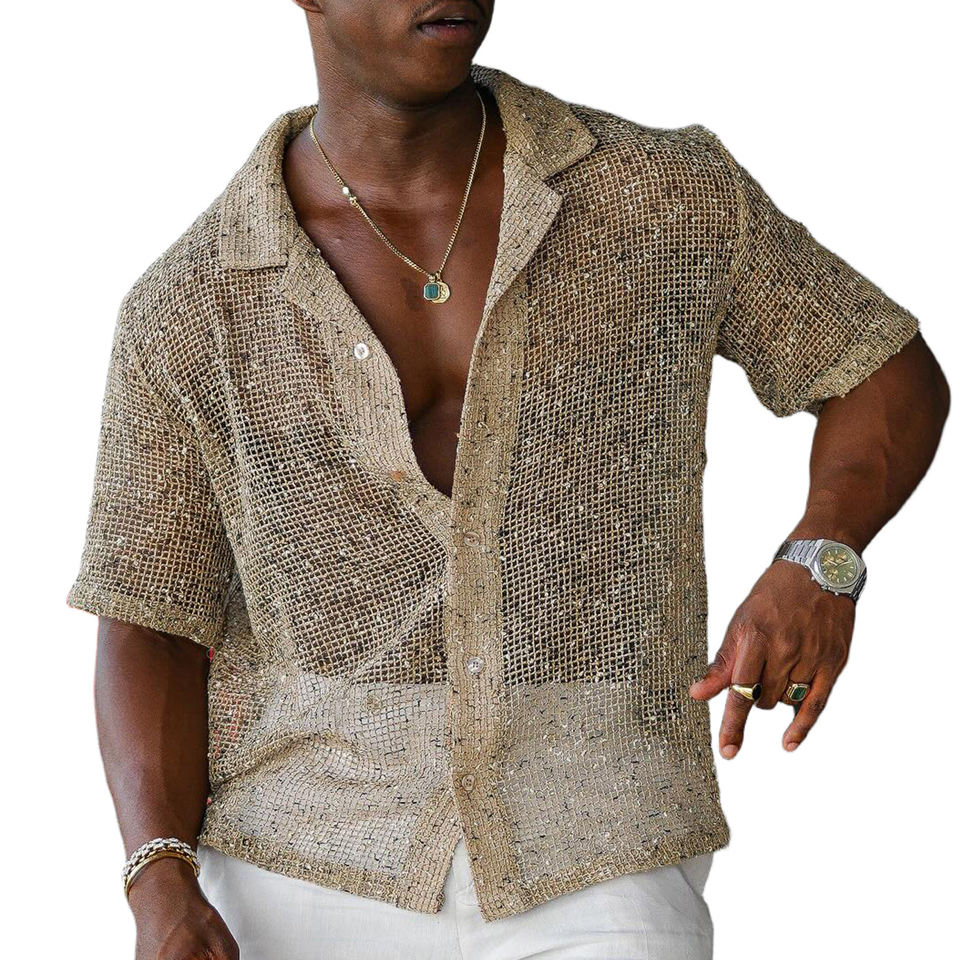 Men's fashionable and casual golden cutouted short-sleeved shirt