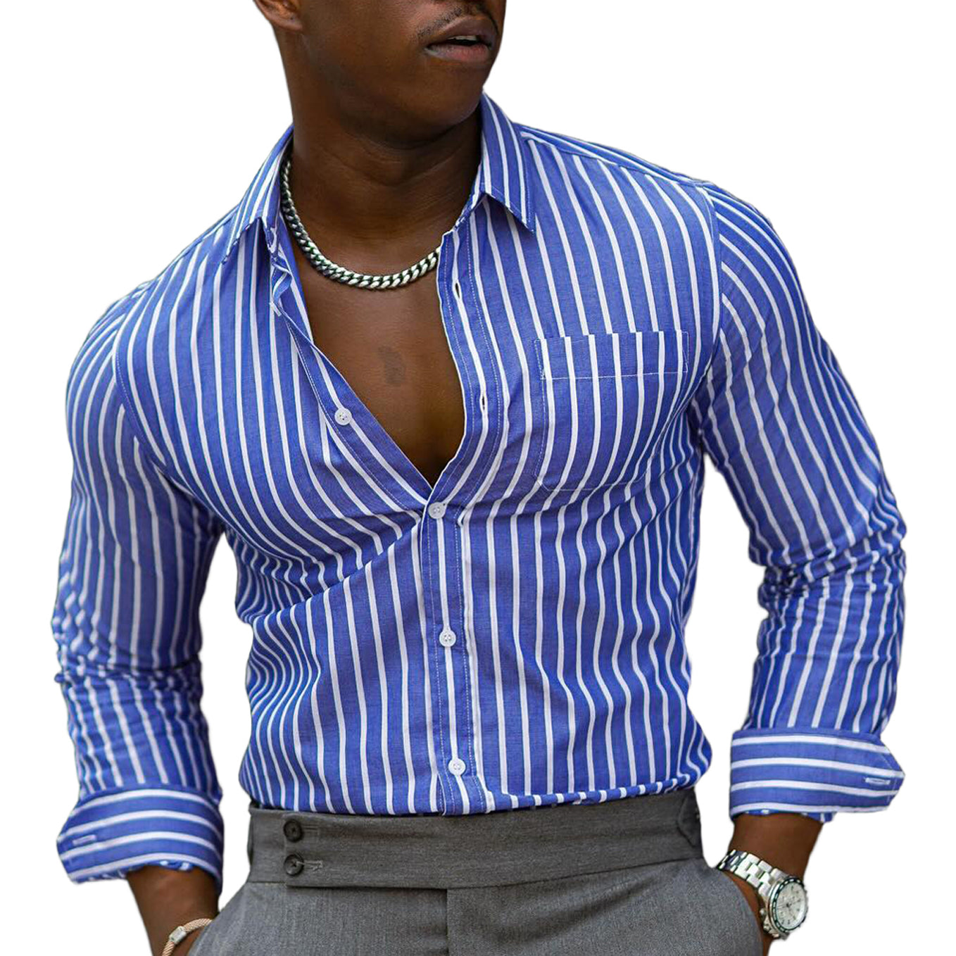 Men's fashionable and casual blue striped long-sleeved shirt