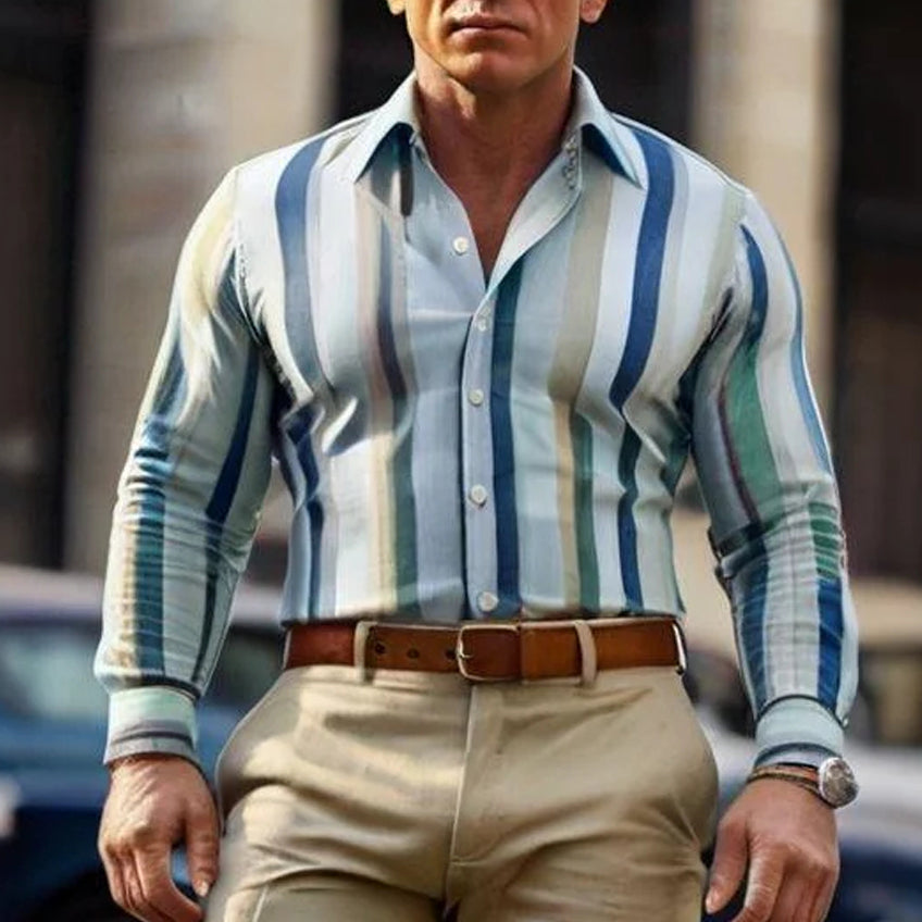 Men's fashionable and casual blue striped long-sleeved shirt
