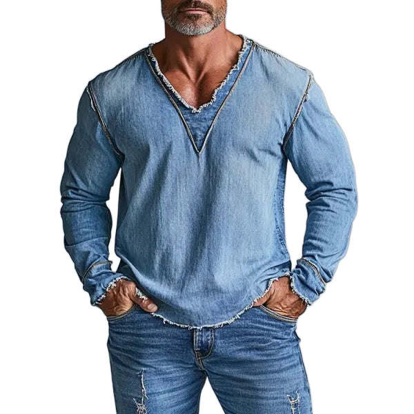 Men's Retro Denim V-Neck Long Sleeve T Shirt With Frayed Details