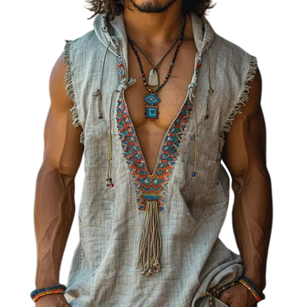 Retro Men's Ethnic V-Neck Sleeveless Linen Hoodie Casual Retro Tribal Top Bohemian Style Sleeveless Tank Top