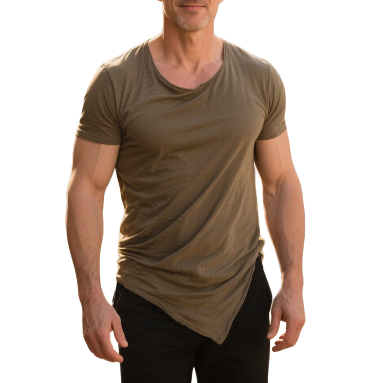Men's fashionable casual beige pleated T-shirt