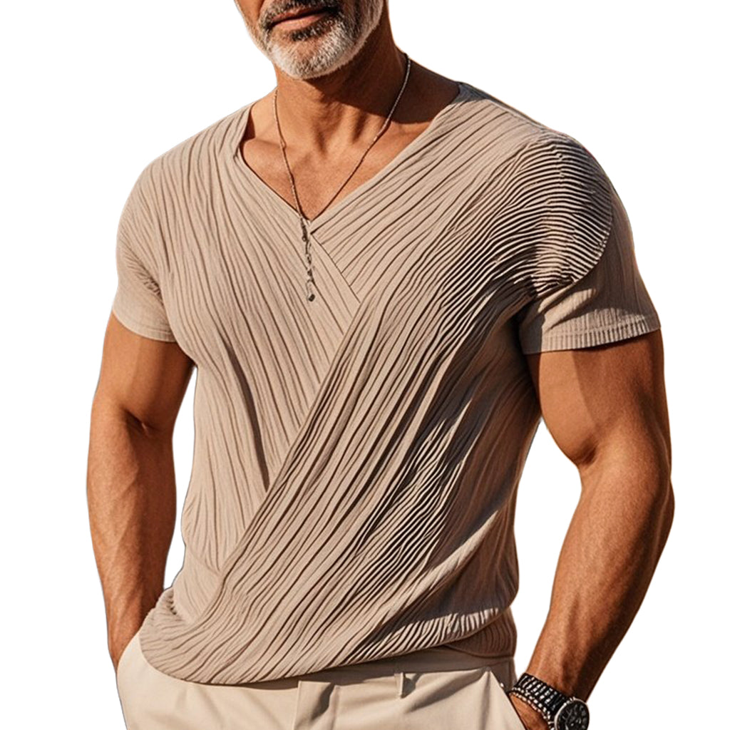 Men's fashionable and casual khaki pleated short-sleeved T-shirt