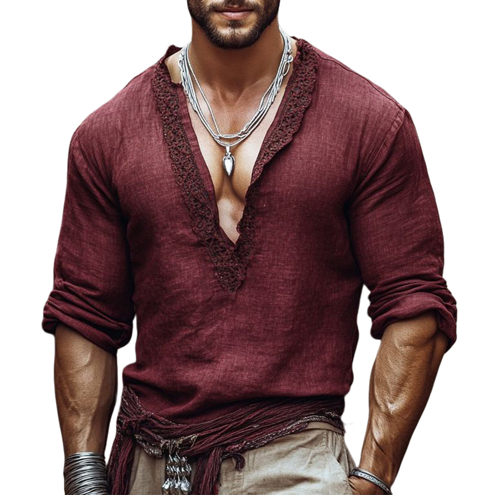 Men's fashionable casual wine red long-sleeved T-shirt