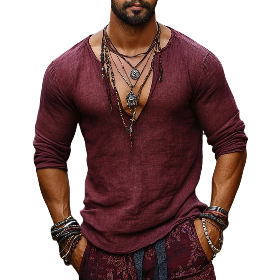 Men's fashionable casual wine red long-sleeved T-shirt