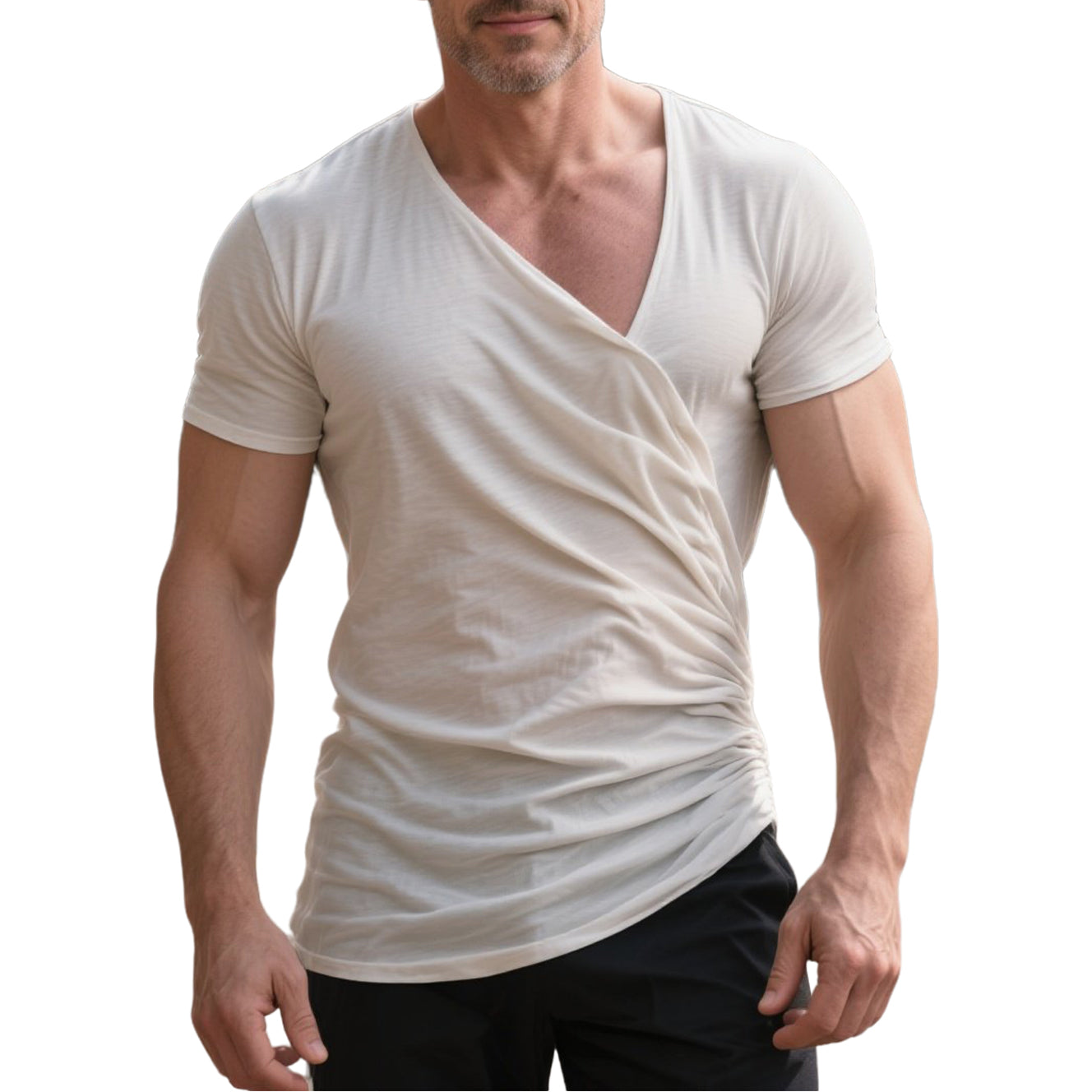 Men's fashionable casual beige pleated T-shirt