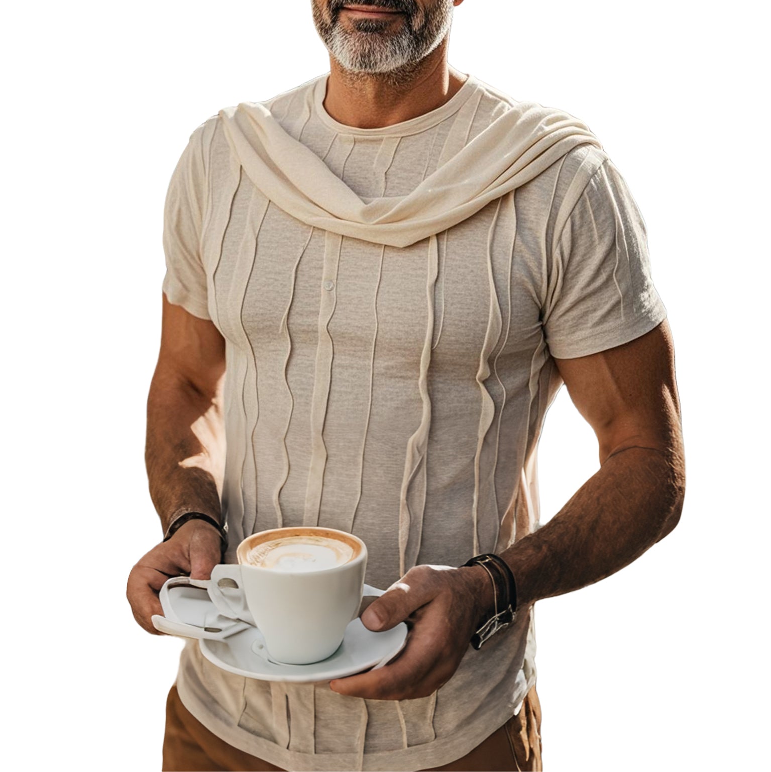 Men's fashionable and casual khaki pleated short-sleeved T-shirt