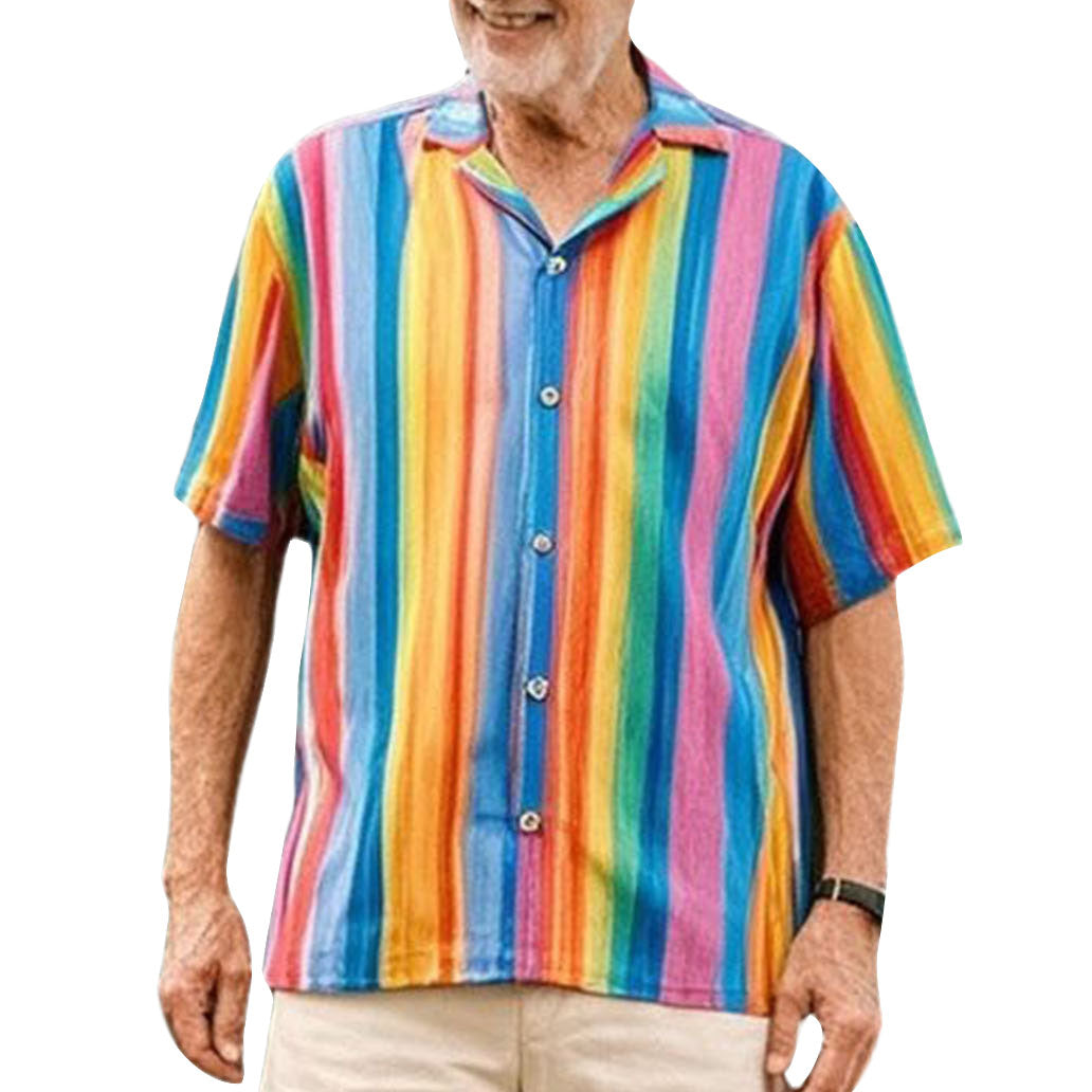 Men's fashionable casual rainbow-colored striped short-sleeved shirt