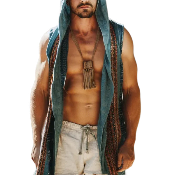 Men's Holiday Retro Ethnic Style Hooded Sleeveless Button-down Shirt