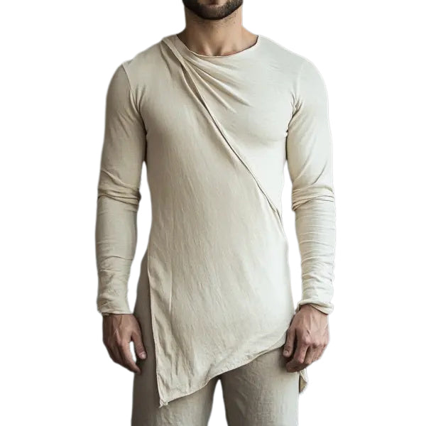 Men's Casual Round Neck Comfortable Breathable Linen Long-sleeved T-shirt Casual Fitness Slim T-shirt Stitching Design