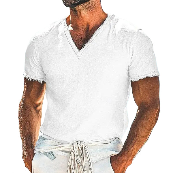 Men's Linen V Neck Resort Streetwear T-Shirt
