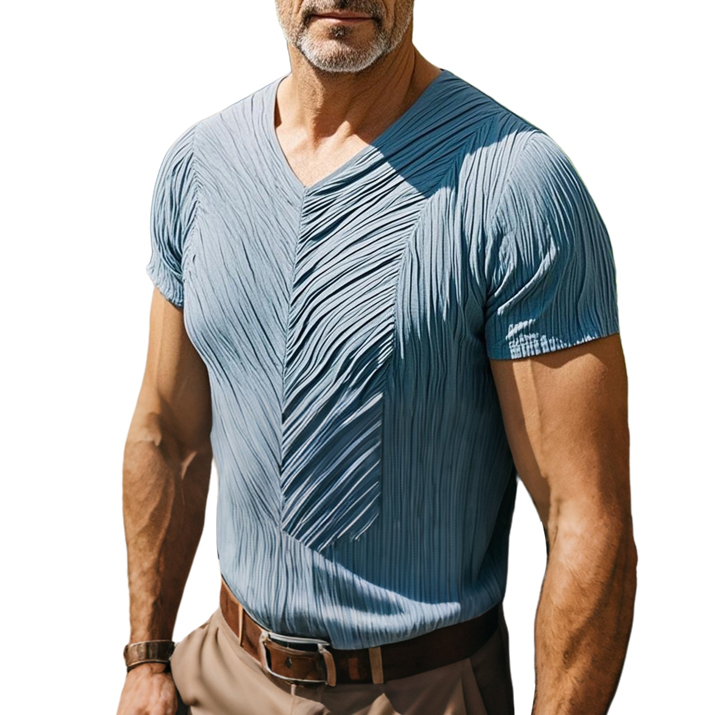 Men's fashionable casual blue pleated short-sleeved T-shirt