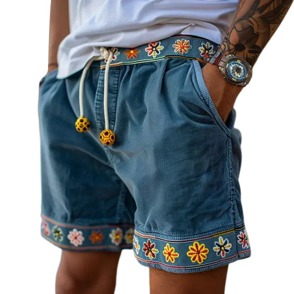 Retro Ethnic Style Geometric Patchwork Corduroy Shorts