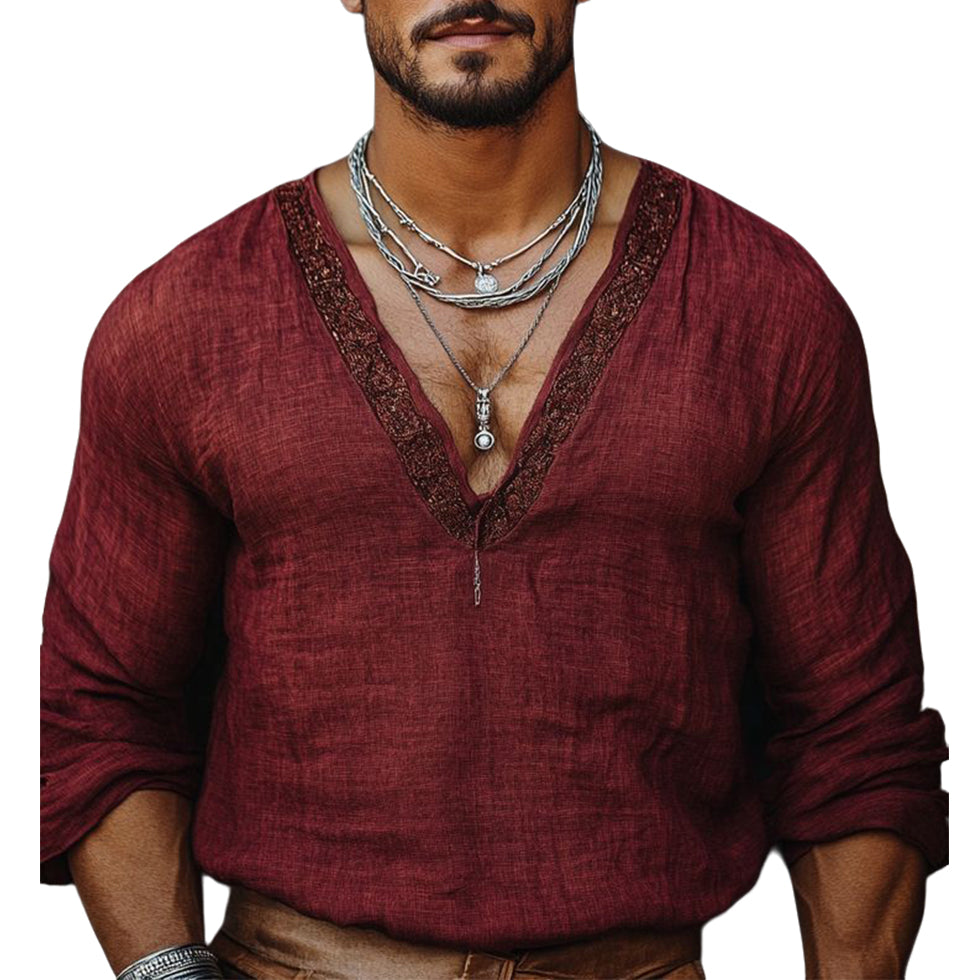 Men's fashionable casual wine red long-sleeved T-shirt