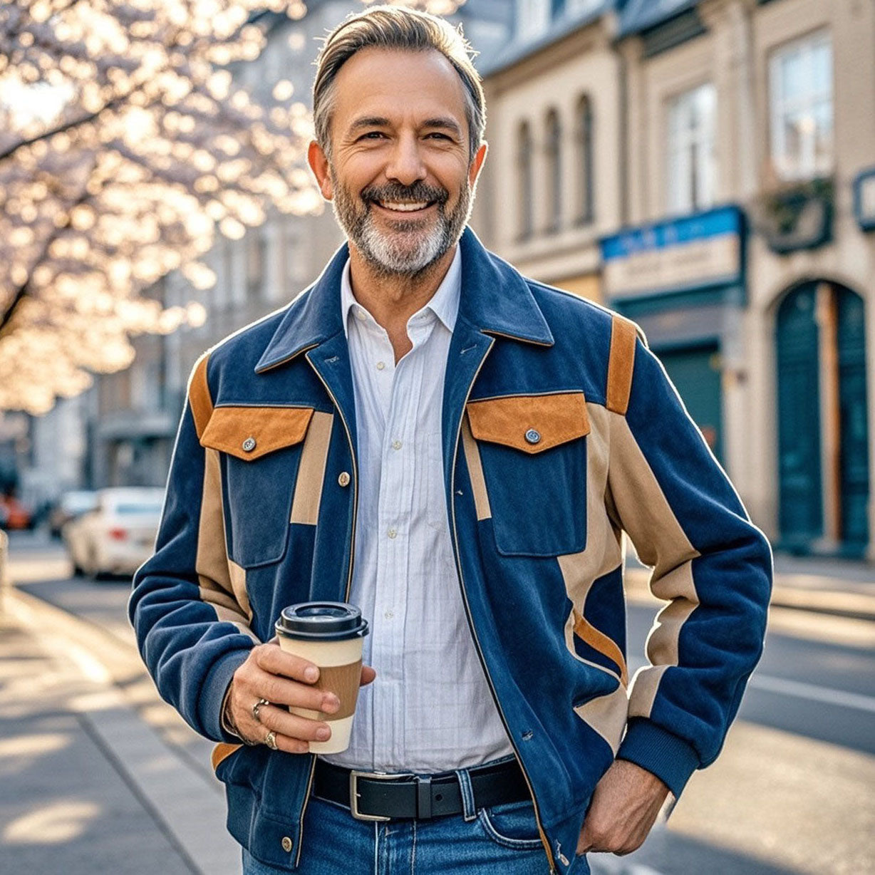 Veste en daim bicolore bleu marine décontractée à la mode pour homme