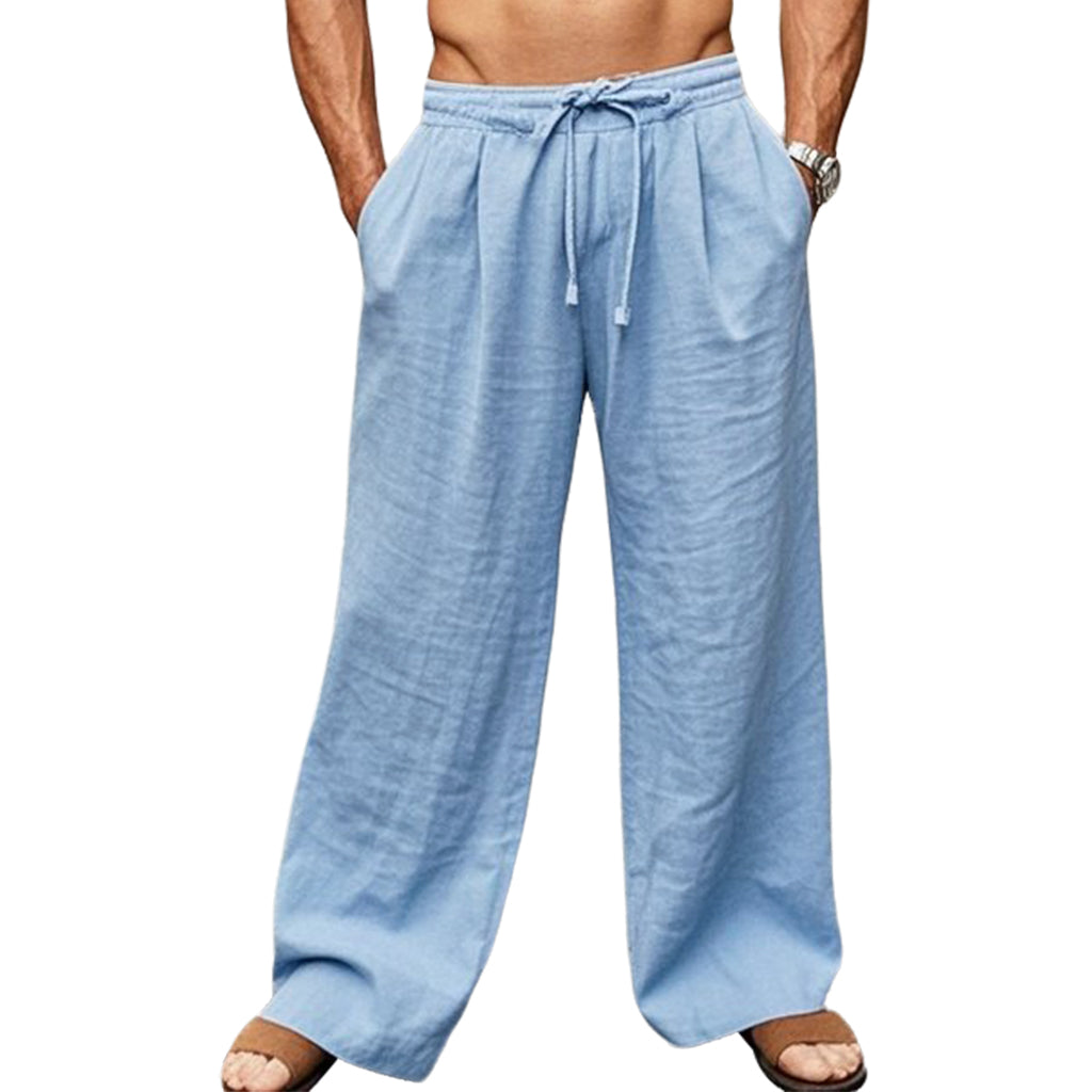 Men's fashionable casual blue linen trousers