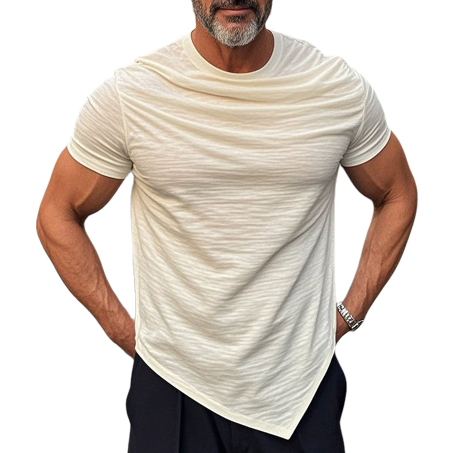 Men's fashionable casual beige pleated short-sleeved T-shirt