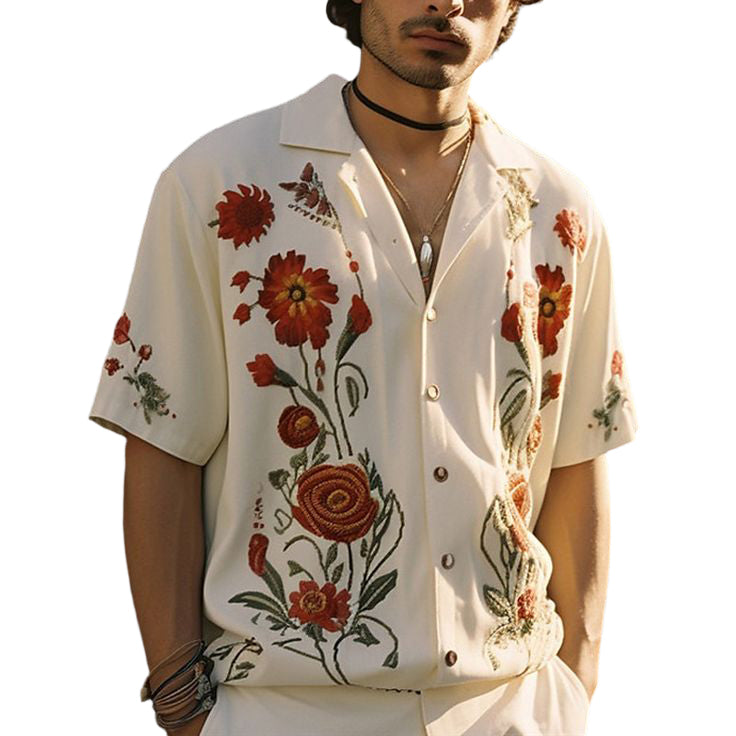 Men's fashionable casual short-sleeved shirt with floral prints