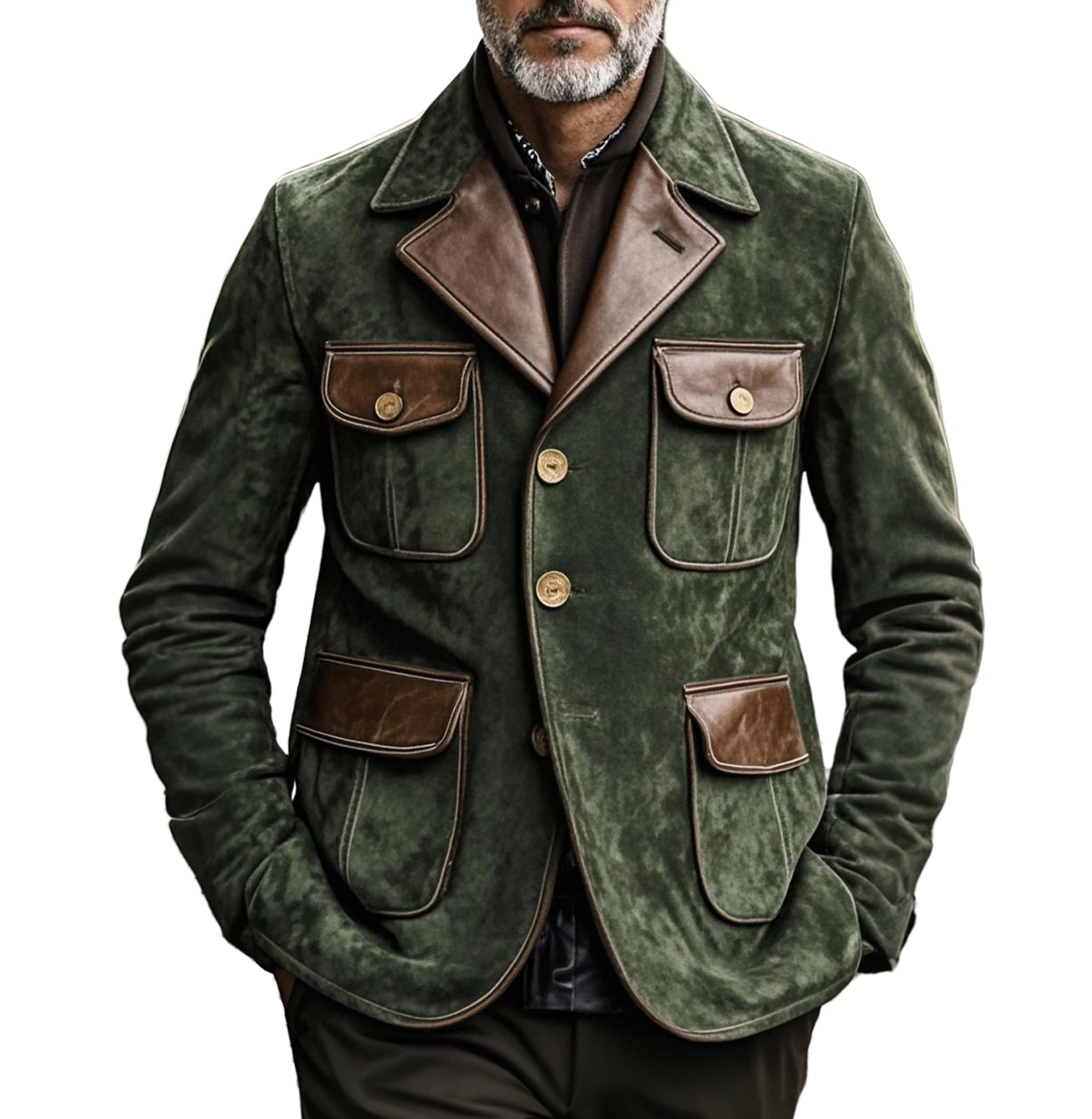Men's fashionable casual military green suede patchwork jacket