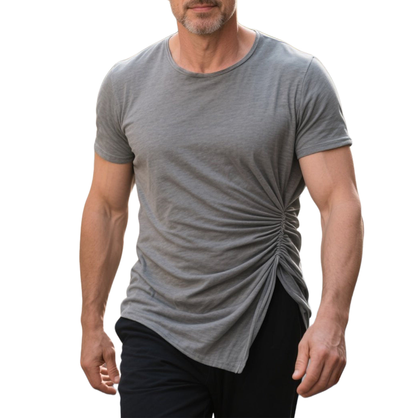 Men's fashionable casual beige pleated T-shirt