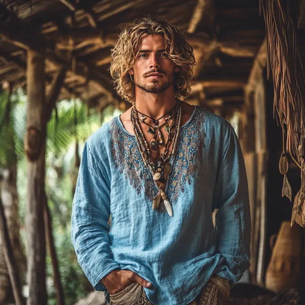 Herren-Oberteil im Bohemian-Urlaubsstil, Vintage-Stil, bedrucktes Leinen, lässig, langärmelig 