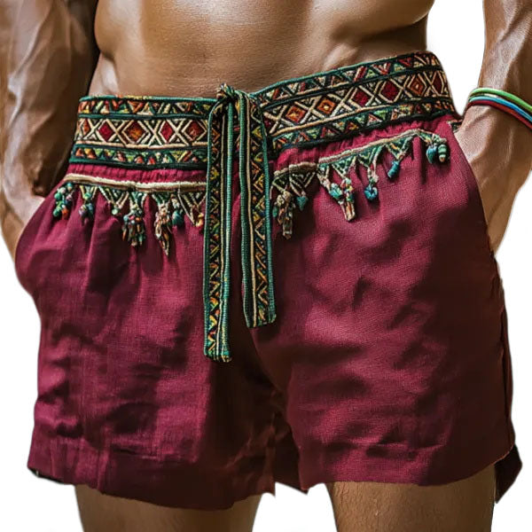 Mens Ethnic Bohemian Casual Comfort Linen Shorts
